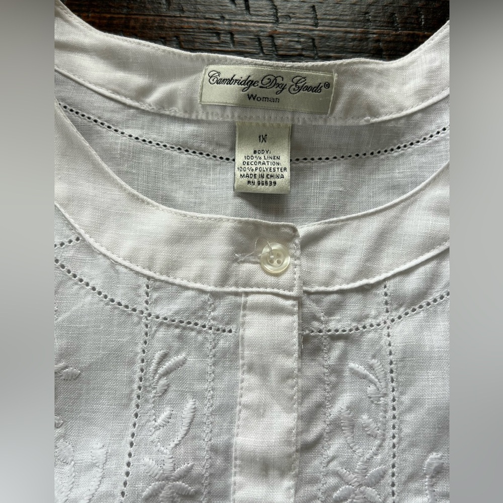 Cambridge Dry Goods White 100% Linen Floral Embroidered Button Down Shirt 1X - Picture 7 of 15
